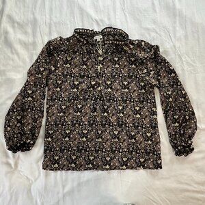 Max Studio Black Floral Print Boho Style Long Sleeve V-Neck Blouse | Size S